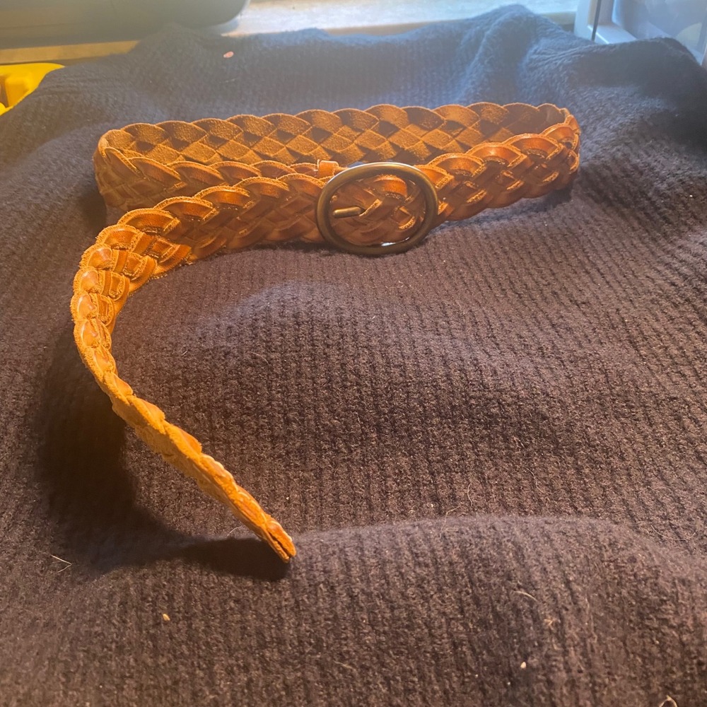 Tan Braided Leather Belt Wide Woven Waist Accessory Brass‎ Buckle Boho 45" long.